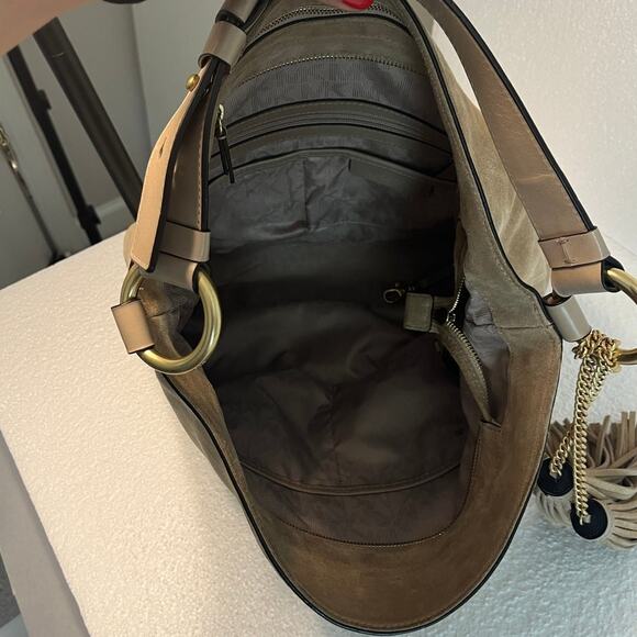 Michael Kors "Elyse" Soft Suede Large Shoulder Bag in Color Dune with Tassels - Picture 8 of 15